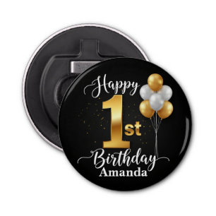 Black Gold 1st Birthday Button Bottle Opener