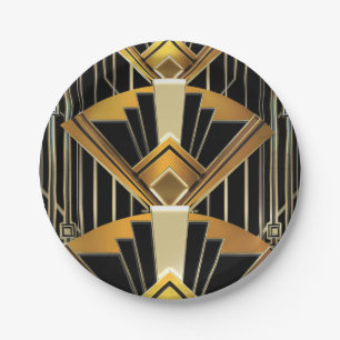Black & Gold 20's Art Deco Gatsby Glam Wedding Paper Plate
