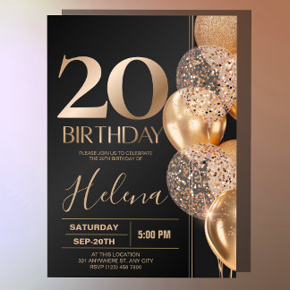 Black Gold 20th Birthday Glam Confetti Balloons Invitation