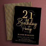 Black Gold 21st Birthday Invitation<br><div class="desc">Gold and black 21st birthday party invitation. Trendy modern design,  perfect for a stylish men's or women's bday celebration. Features script font and stylish stripes o the back. Customize with your own details. Printed Zazzle invitations or instant download digital printable template.</div>