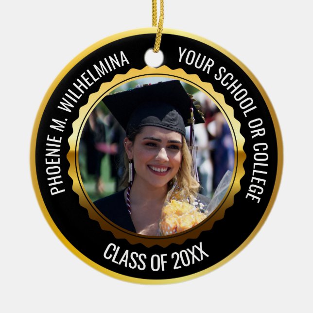 Black & Gold 2 Photo Graduation Class of 2024 Ceramic Tree Decoration (Front)