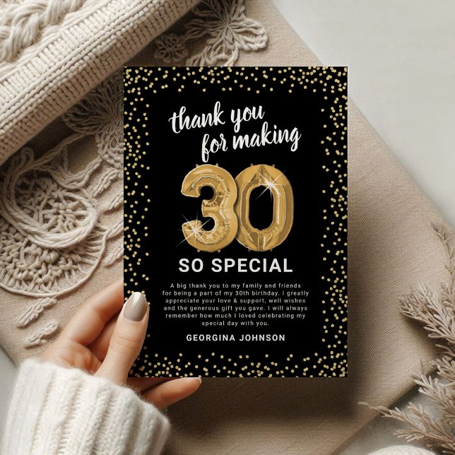 Black Gold 30th Adult Birthday Thank You Card (Creator Uploaded)