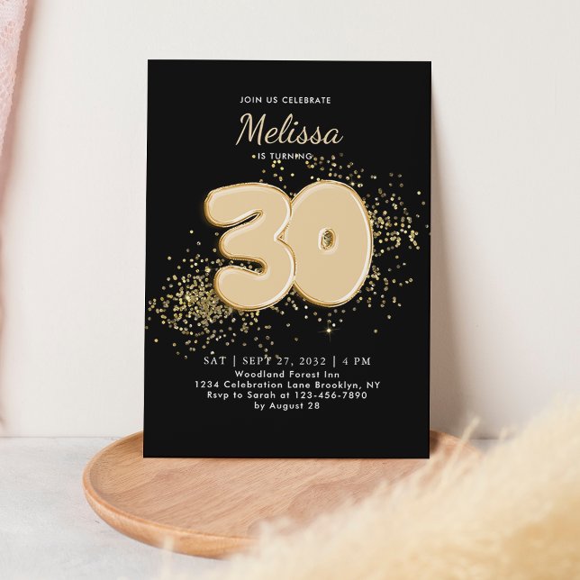 Black Gold 30th Balloons Confetti Adult Birthday Invitation (Creator Uploaded)