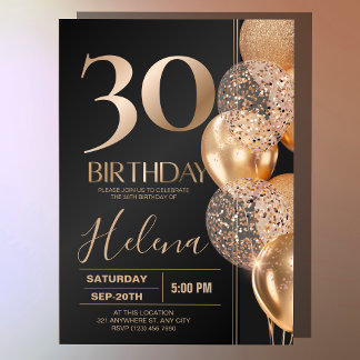 Black Gold 30th Birthday Glam Confetti Balloons Invitation