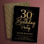 Black Gold 30th Birthday Invitation<br><div class="desc">Black and gold 30th birthday party invitation. Trendy modern design,  perfect for a stylish men's or women's bday celebration. Features script font and stylish stripes on the back. Customize with your own details. Printed Zazzle invitations or instant download digital printable template.</div>