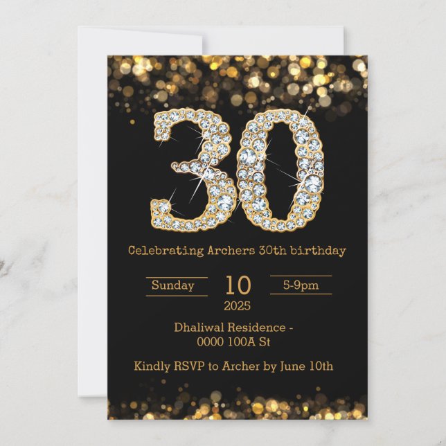 Black gold 30th birthday invitation (Front)