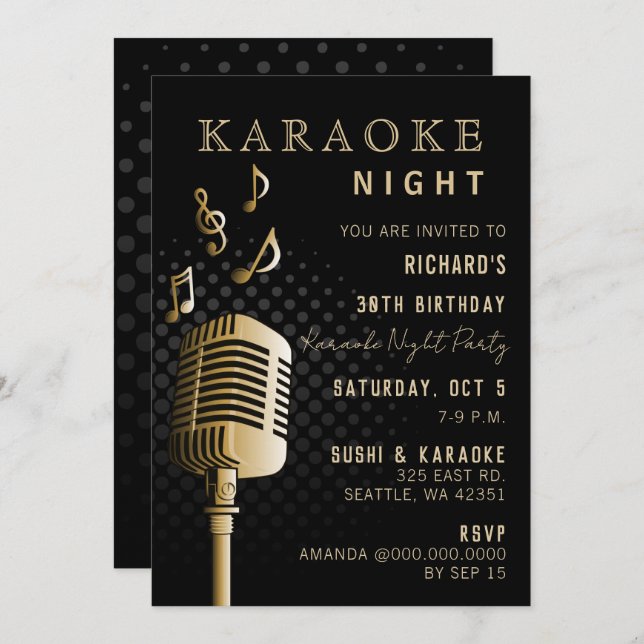 Black Gold 30th Birthday Karaoke Night Party Invitation (Front/Back)