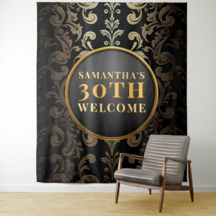 Black Gold 30th Birthday Photo Backdrop Elegant Tapestry