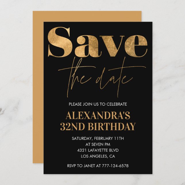 Black Gold 32nd birthday invitations Save the date (Front/Back)