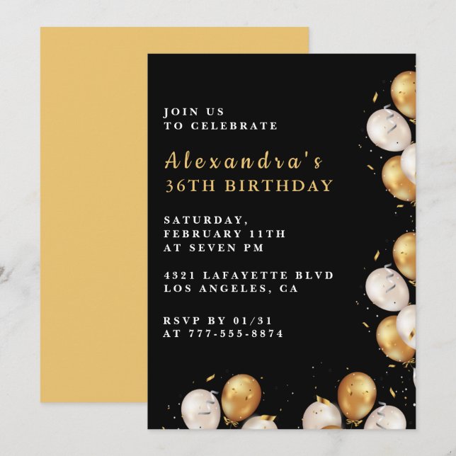 Black Gold 36th birthday invitations  Balloon  (Front/Back)