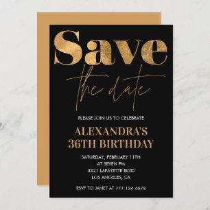 Black Gold 36th birthday invitations Save the date
