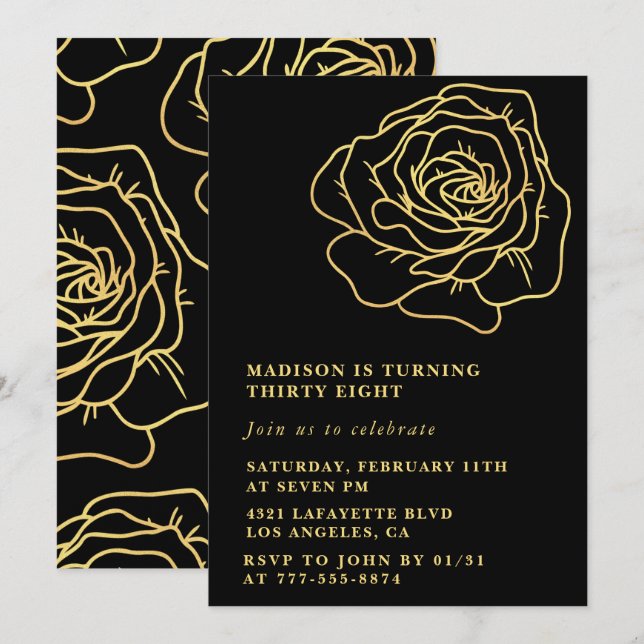 Black Gold 38th birthday invitations Floral (Front/Back)