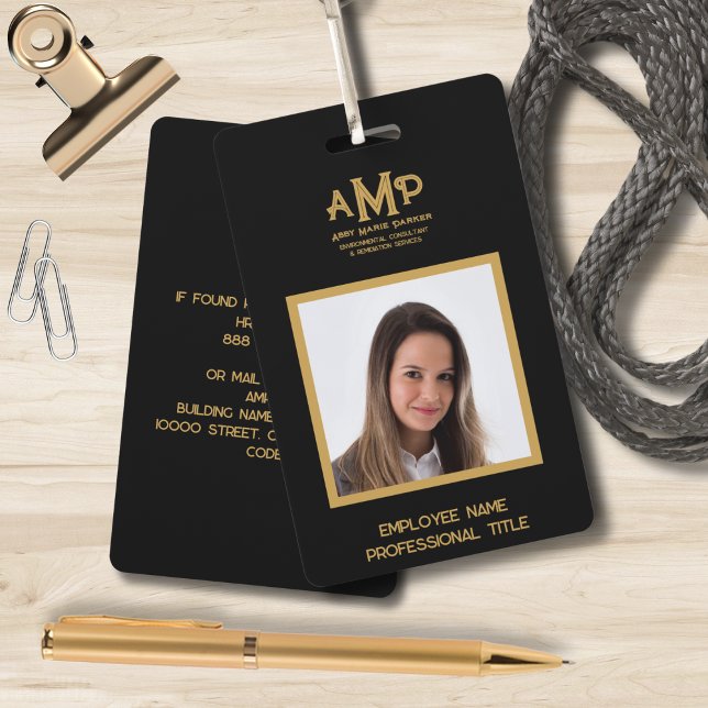Black Gold 3 Letter Monogram Logo Employee ID Badge (Creator Uploaded)
