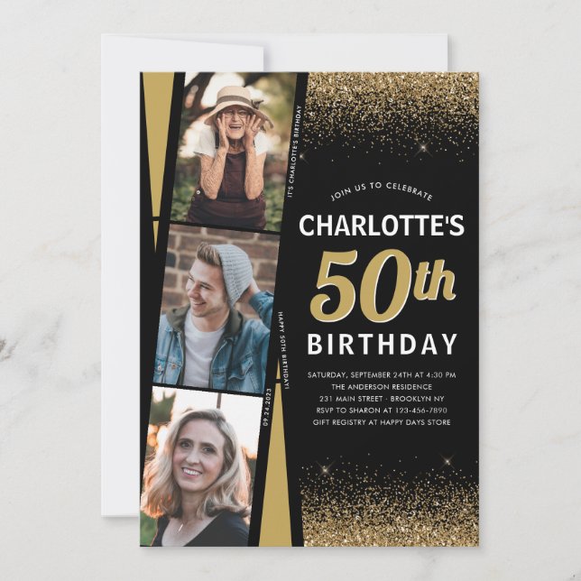 Black Gold 3 Photo Film Glitter Any Age Birthday Invitation (Front)