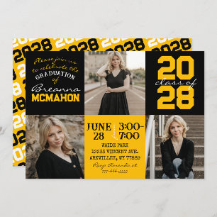 Black & Gold 3 Photo Graduation Invitation
