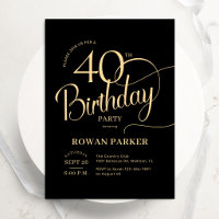 Black Gold 40th Birthday Elegant Script