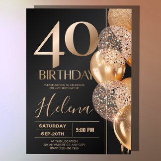 Black Gold 40th Birthday Glam Confetti Balloons Invitation
