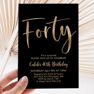 Black Gold 40th Birthday Mens Modern Invitation