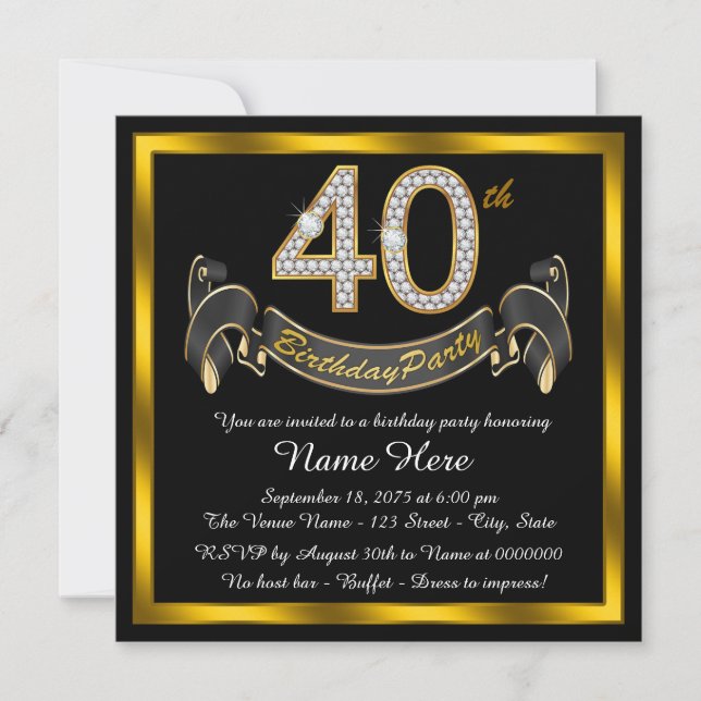 Black Gold 40th Birthday Party Invitation (Front)