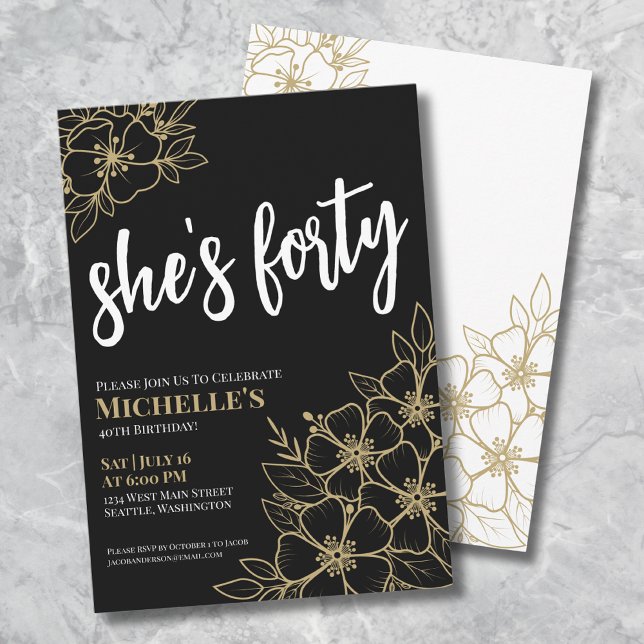 Black Gold 40th Birthday Party Invitation (Elegant Forty Black Gold 40th Birthday Party Invitation)