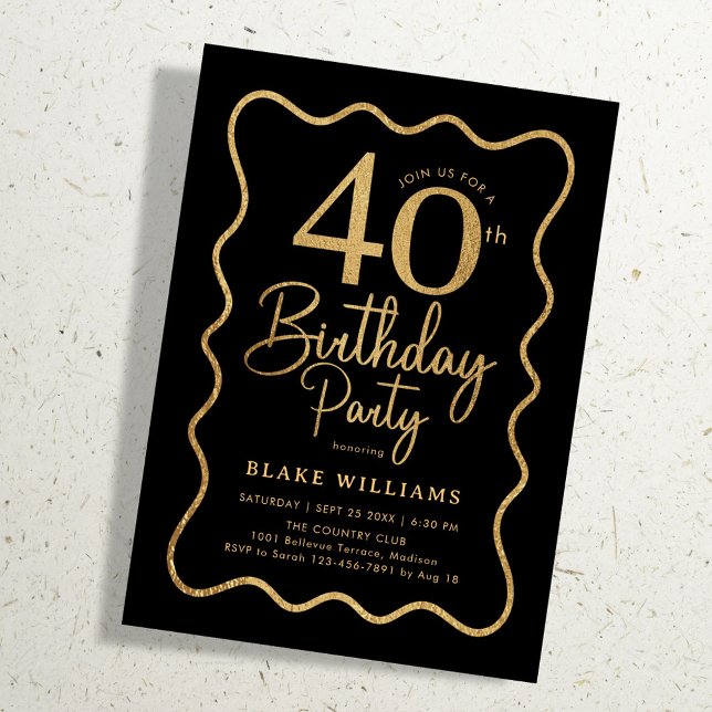 Black Gold 40th Birthday Wavy Border Invitation (Creator Uploaded)