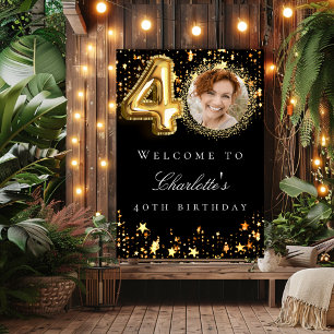 Black gold 40th photo birthday party welcome poster