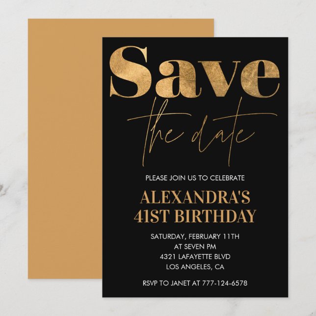 Black Gold 41st birthday invitations Save the date (Front/Back)