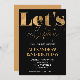 Black Gold 42nd birthday invitations Elegant