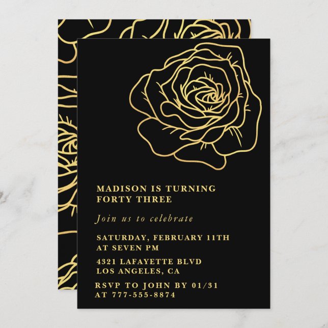 Black Gold 43rd birthday invitations Floral (Front/Back)
