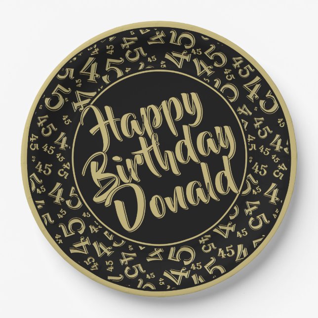 Black/Gold 45th Happy Birthday Number Pattern Paper Plate (Front)