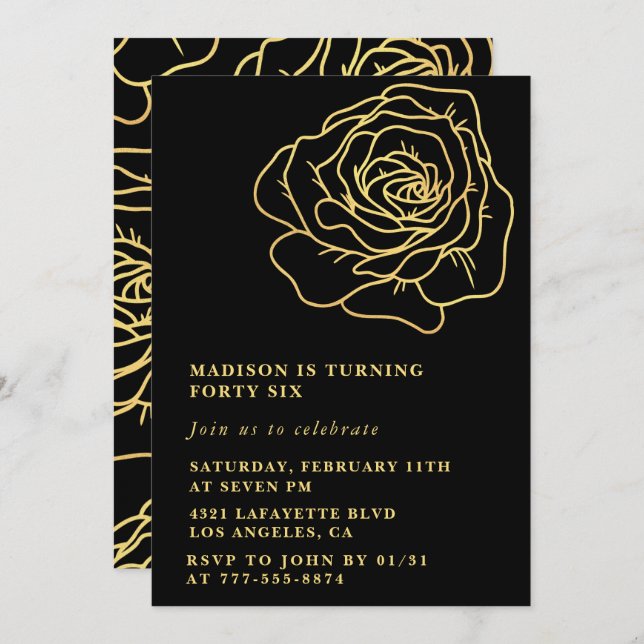 Black Gold 46th birthday invitations Floral (Front/Back)