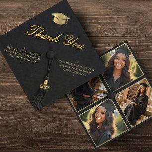 Black & Gold 4 Photo Grad Cap Graduation Thank You Card