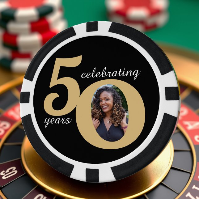 Black & Gold 50 Photo Fifty Years 50th Birthday Poker Chips (Creator Uploaded)