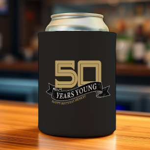 Black & Gold 50 Years Young Banner 50th Birthday Can Cooler