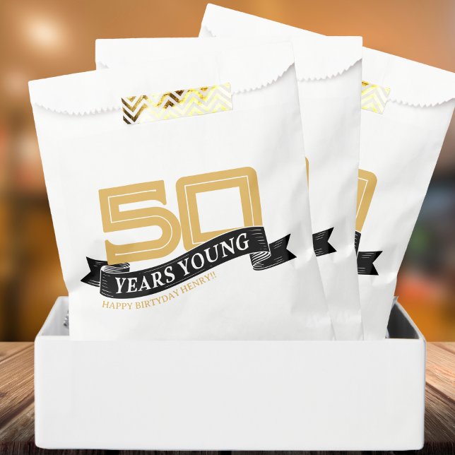 Black & Gold 50 Years Young Banner 50th Birthday Favour Bags (Black & Gold 50 Years Young Banner 50th Birthday Favor Box)