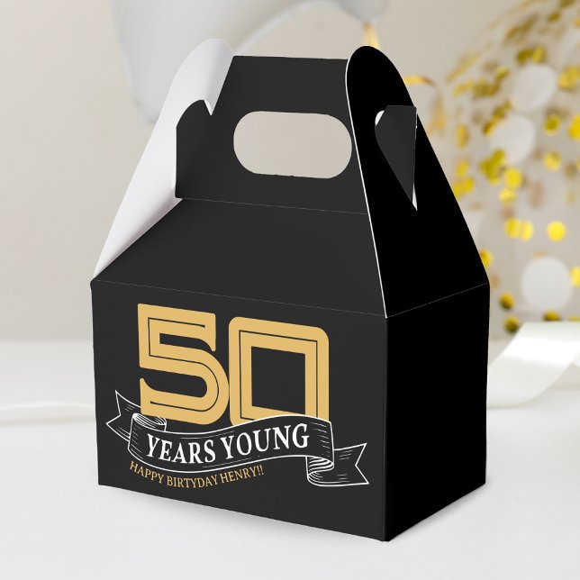 Black & Gold 50 Years Young Banner 50th Birthday Favour Box (Black & Gold 50 Years Young Banner 50th Birthday Favor Box)
