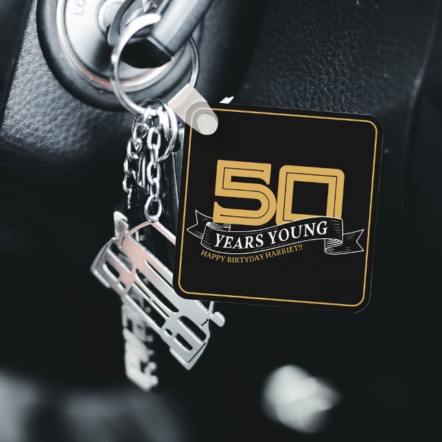 Black & Gold 50 Years Young Banner 50th Birthday Key Ring (Black & Gold 50 Years Young Banner 50th Birthday Keychain)