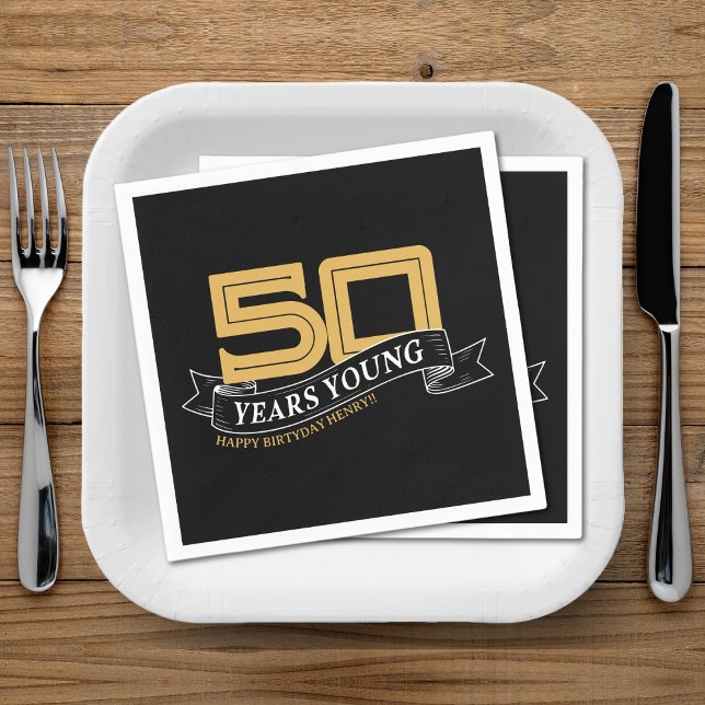 Black & Gold 50 Years Young Banner 50th Birthday Napkin (Black & Gold 50 Years Young Banner 50th Birthday Napkins)