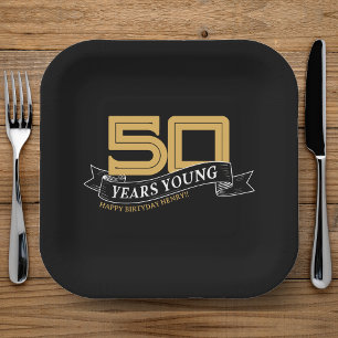 Black & Gold 50 Years Young Banner 50th Birthday Paper Plate