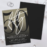 Black Gold 50th Anniversary Party Invitation<br><div class="desc">Celebrate fifty years of love with this modern 50th wedding anniversary invitation. The design features a faux gold background layered behind a sleek grey-to-black gradient for an elegant, eye-catching look. A large black "50" stretches across most of the card, with a handwritten script-style white "Fifty" layered over it for bold...</div>