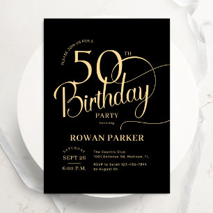 Black Gold 50th Birthday Elegant Script Invitation