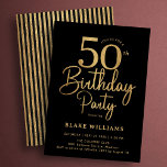 Black Gold 50th Birthday Invitation<br><div class="desc">Black gold 50th birthday party invitation. Trendy modern design,  perfect for a stylish men's or women's bday celebration. Features script font and stripes on the back. Customize with your own details. Printed Zazzle invitations or instant download digital printable template.</div>