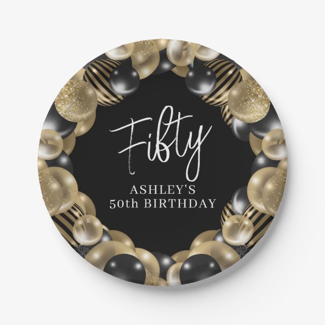 Black Gold 50th Birthday Paper Plate (Front)