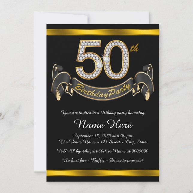 Black Gold 50th Birthday Party Invitation (Front)