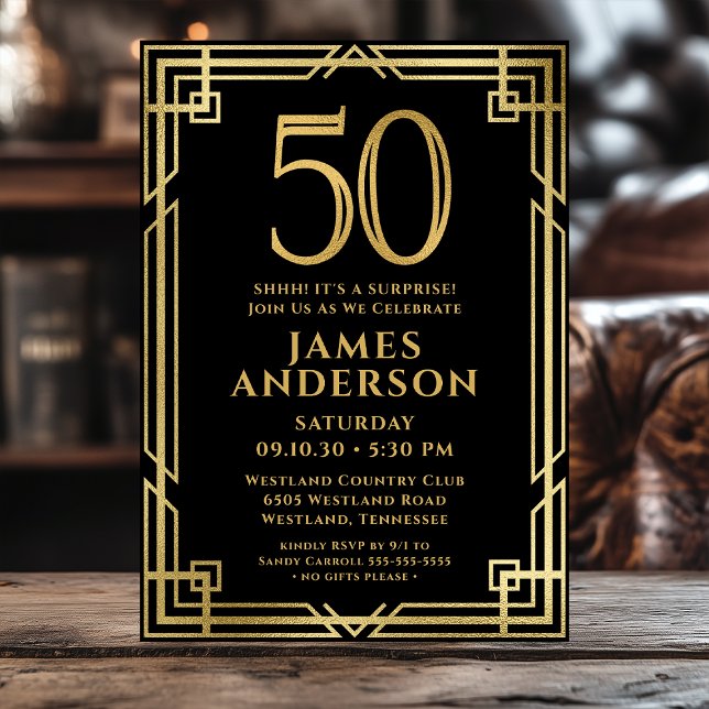 Black Gold 50th Birthday Photo Surprise Party Invitation (Creator Uploaded)