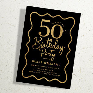 Black Gold 50th Birthday Wavy Border Invitation