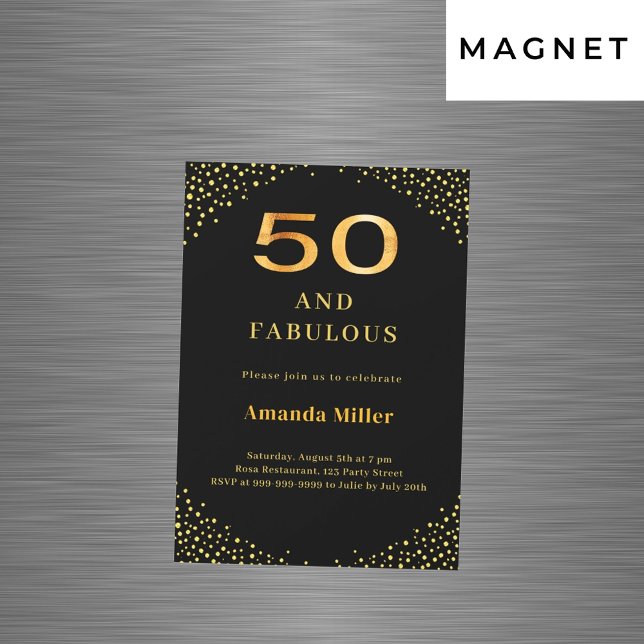 Black gold 50th fabulous birthday magnetic invitation (Creator Uploaded)
