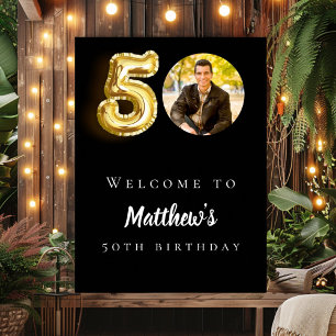 Black gold 50th photo birthday party welcome poster