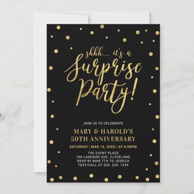 Black & Gold | 50th Surprise Wedding Anniversary Invitation (Front)