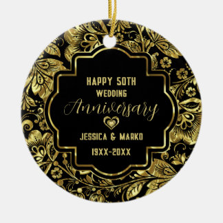 Black & Gold 50th Wedding Anniversary Ceramic Tree Decoration